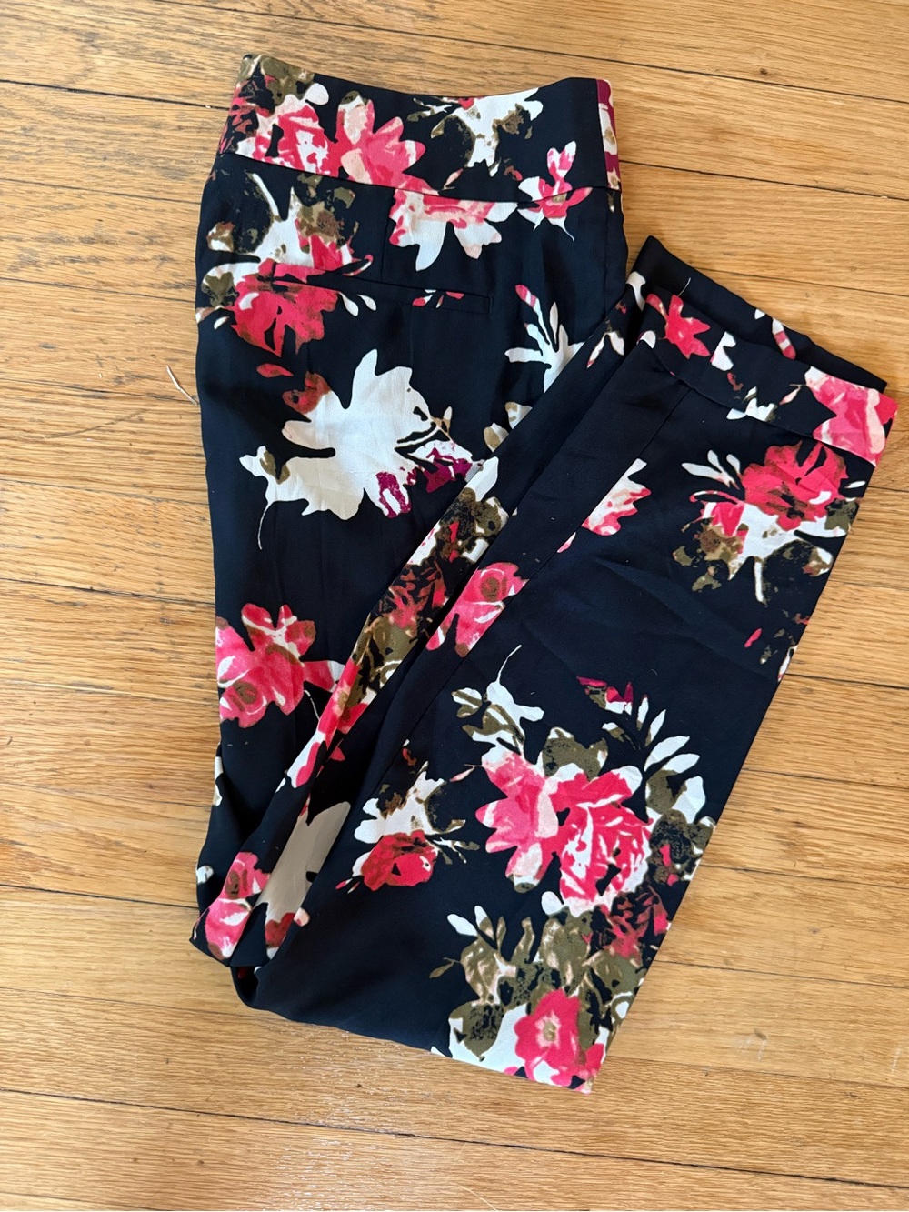 LOFT Black Floral Slim Pants with Pink & White Blooms